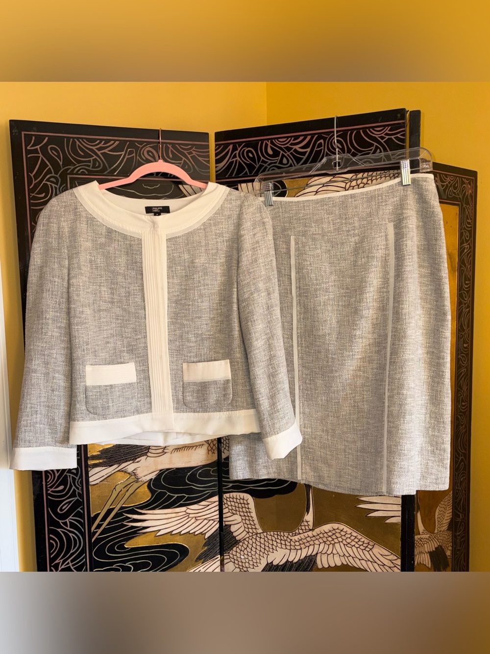 Philippe Adec Classic Grey White Linen Skirt Set, Sz 8, Pristine